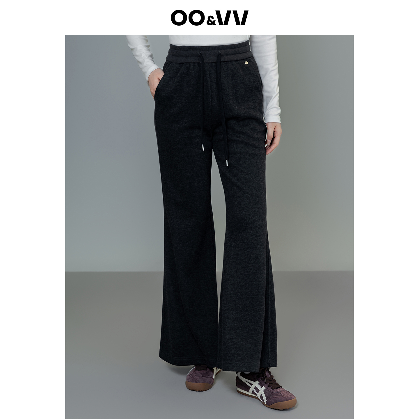 oo&vv纯色松紧腰系带复古喇叭裤女2025秋冬新款显高显瘦休闲女裤