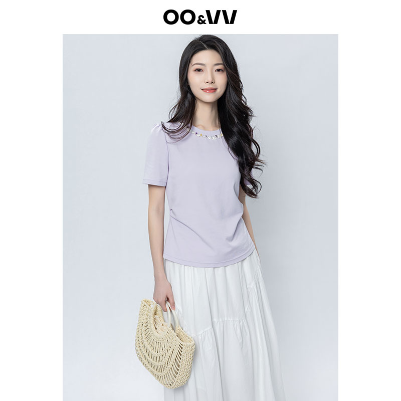 oo&vv重工领口设计贝壳钉珠圆领短袖T恤女2025夏新款休闲百搭上衣