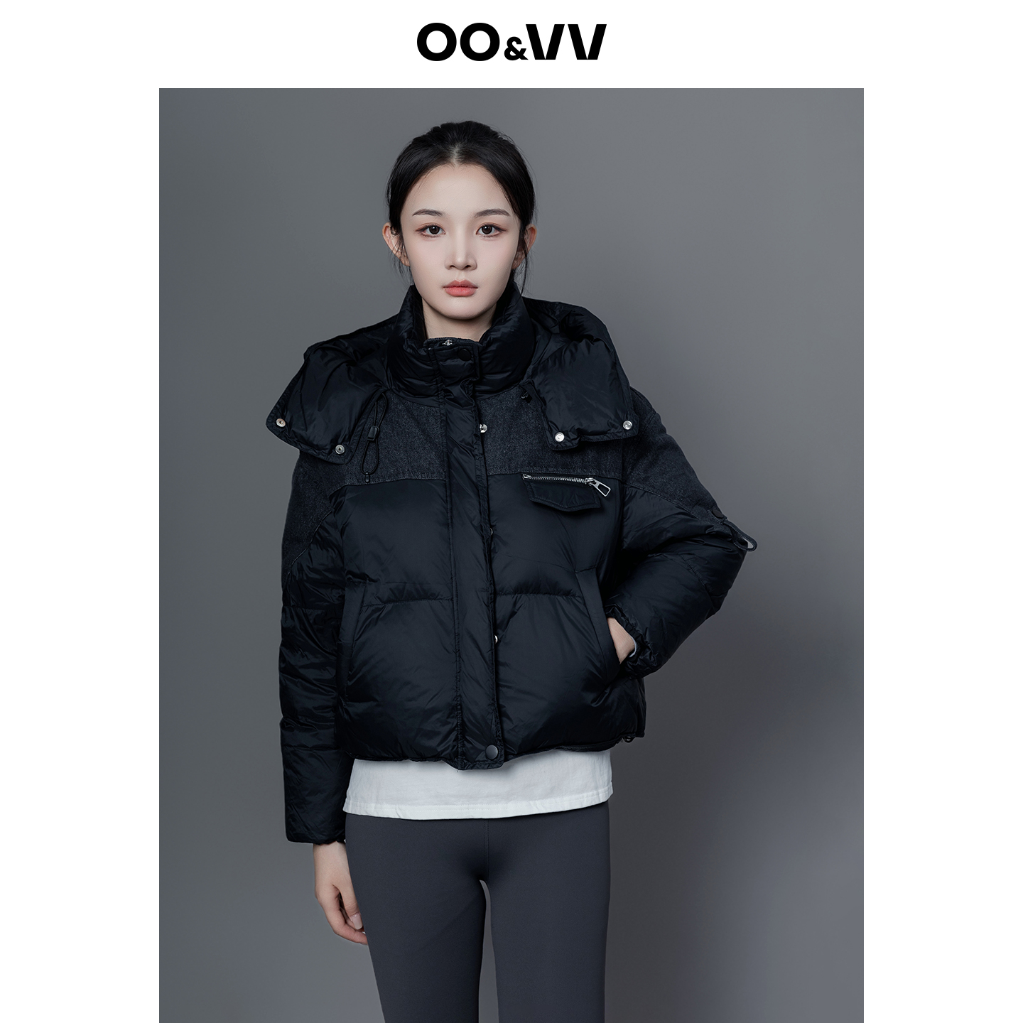 oo&vv保暖舒适加厚短款羽绒服女2025韩版潮流时尚简约连帽女外套