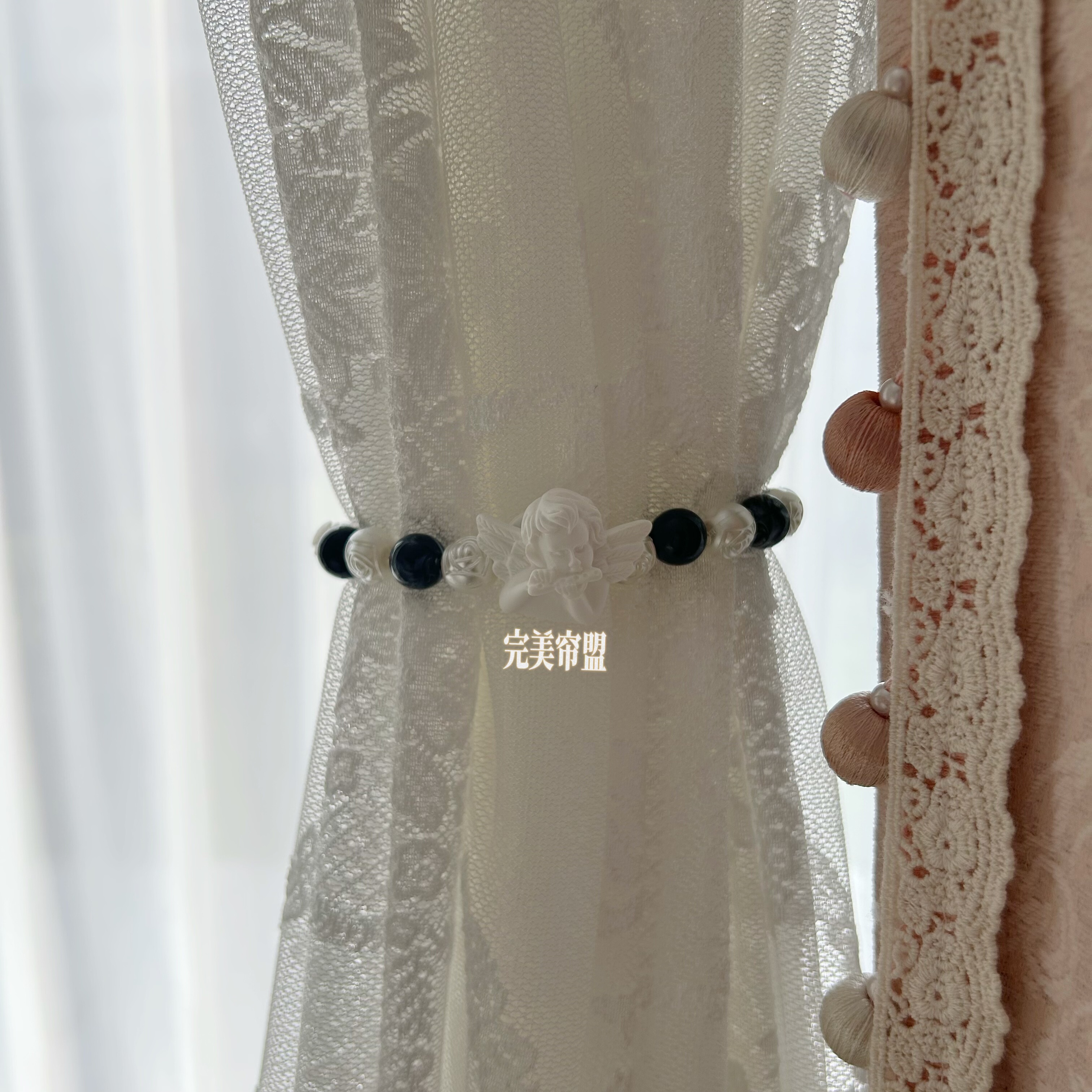 复古法式美式装饰磁吸窗帘绑带珍珠琥珀免打孔纱帘收纳束带