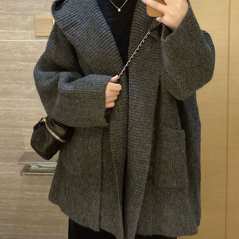 慵懒风绵羊绒针织衫大衣外套女秋冬新款连帽大码中长款加厚毛衣