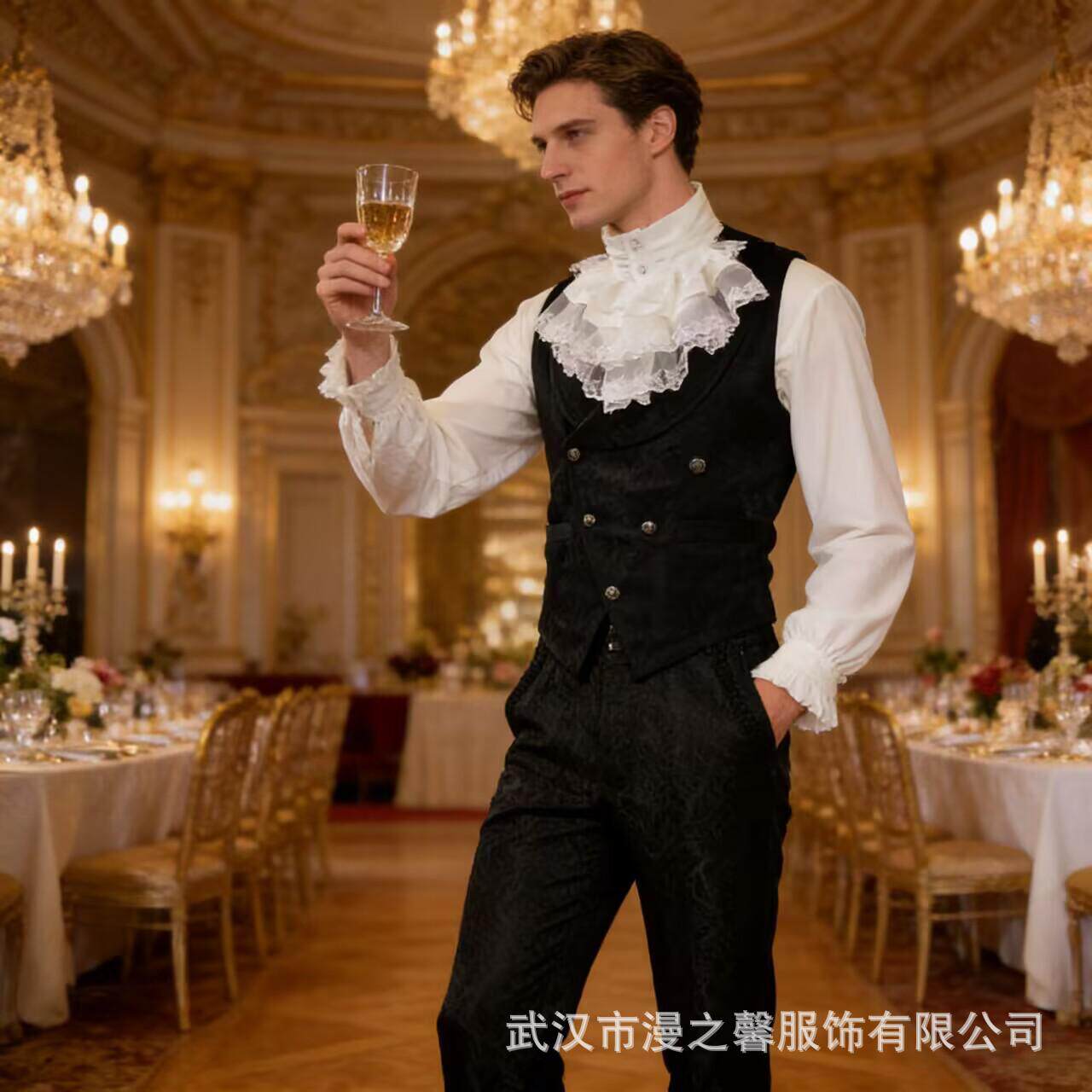 欧美宫廷男式礼服提花马甲衬衫套装中世纪贵族演出服商务主持礼服 - 实物图