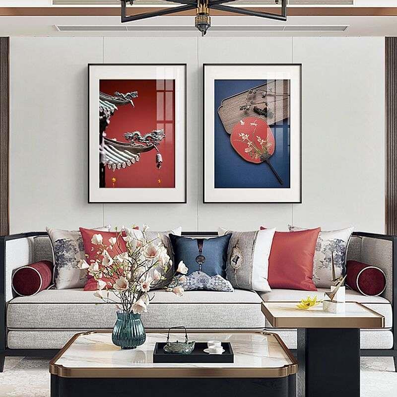 新中式中国风红蓝装饰画客厅沙发背景墙挂画故宫建筑卧室餐厅壁画图片