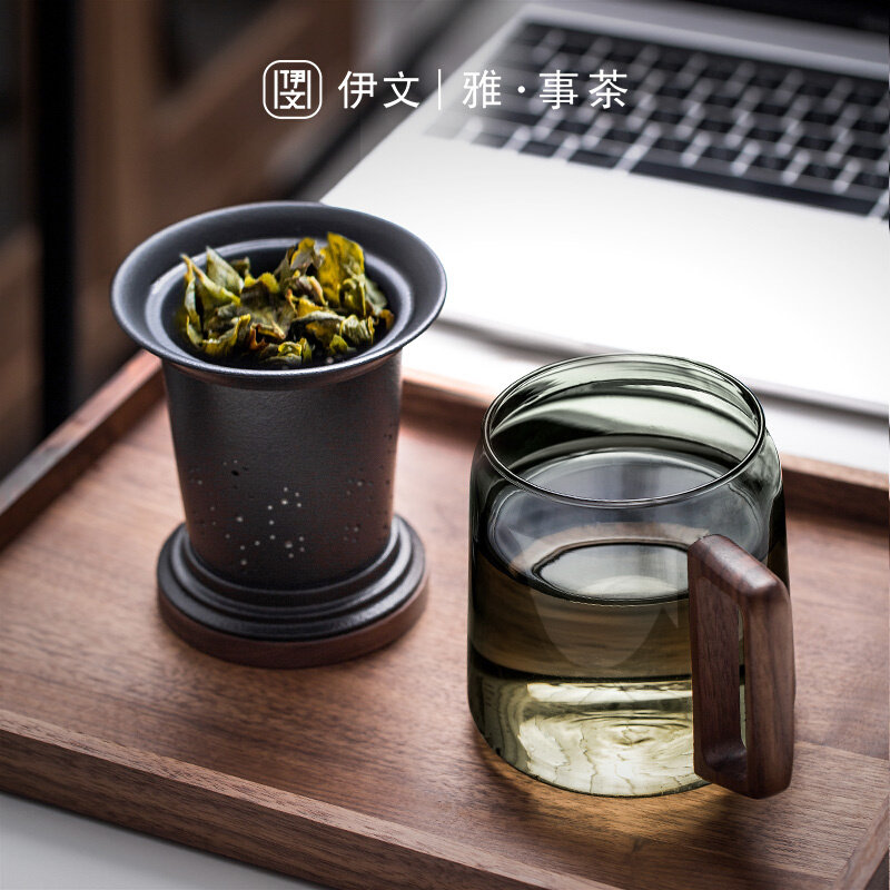 伊文陶瓷玻璃杯茶杯办公室过滤泡茶杯大容量水杯日式茶水分离杯子