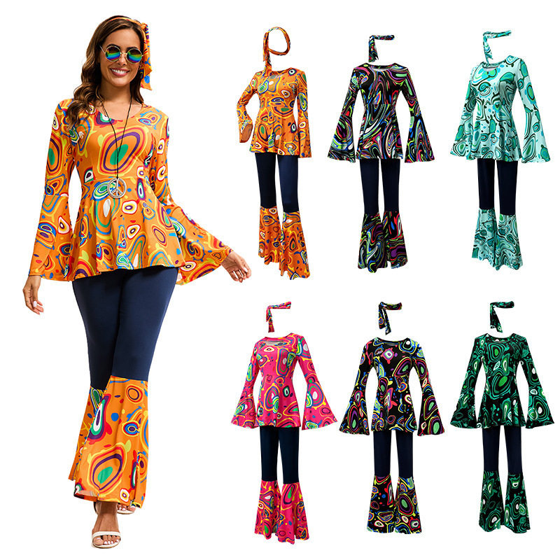 女跨境多色印花上衣裤子拼接套装含头巾迪斯科舞服2024年新款欧美