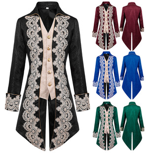 男式蒸汽朋克中世纪夹克哥特式蕾丝花边燕尾服时代弗罗克外套制服