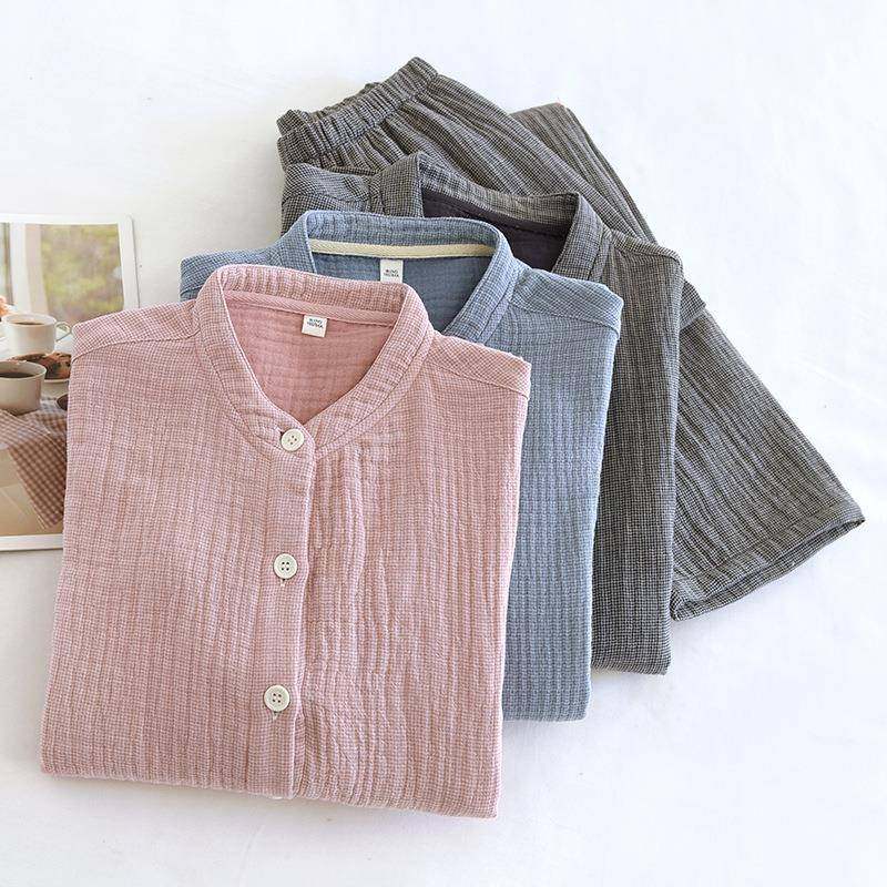 春季新款情侣睡衣加厚纯棉四层纱女士格子男士长袖家居服套装宽松