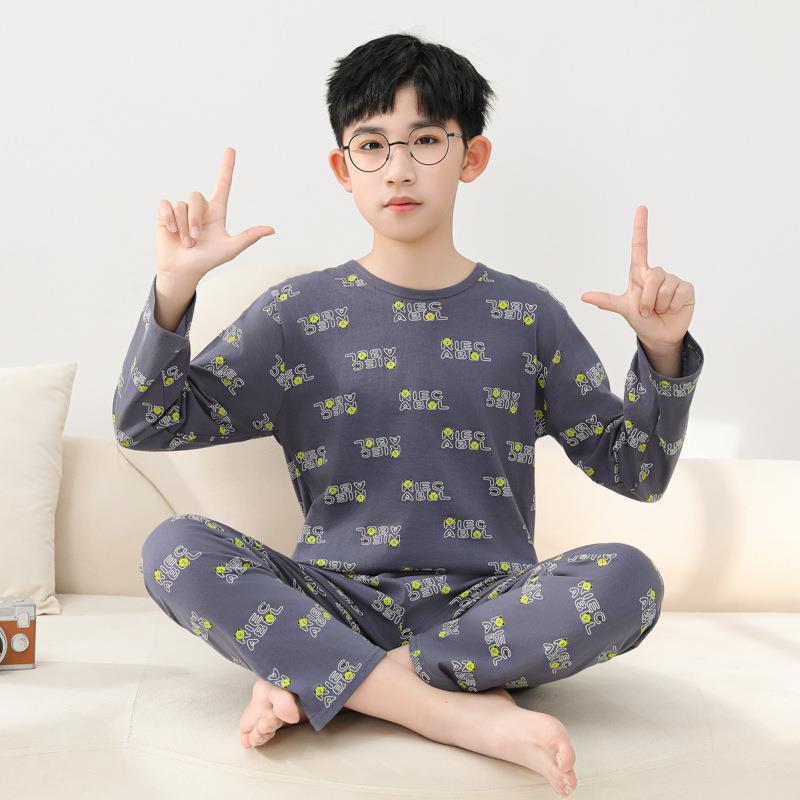 儿童夏季圆领睡衣套装男童纯棉薄款家居服青少年男款夏款空调服