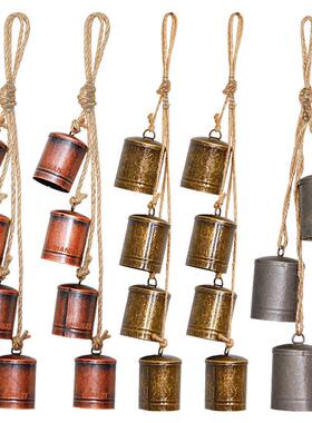 热卖复古牛铃铁皮筒麻绳铃铛串圣诞节家居装饰壁挂铃铛