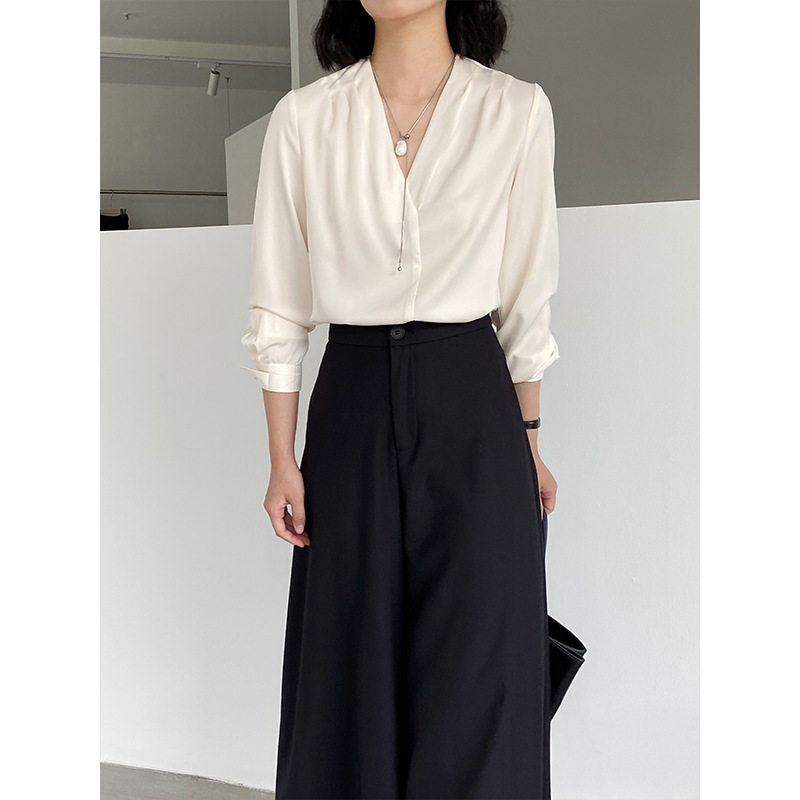 法式v领缎面衬衫职场穿搭通勤内搭西装高级职业衬衣 1625