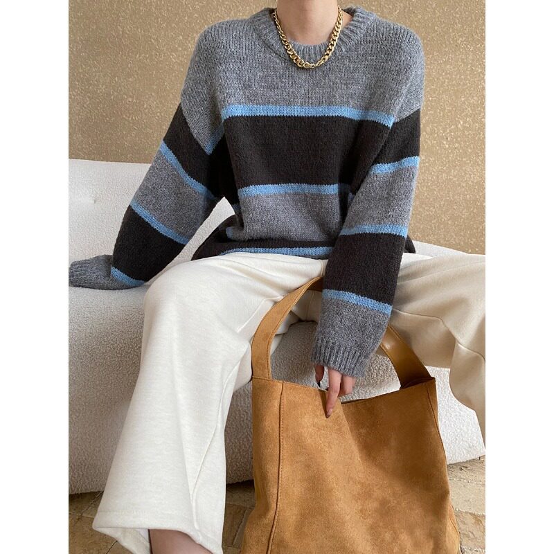 氛围感 复古撞色条纹宽松慵懒风圆领针织衫毛衣