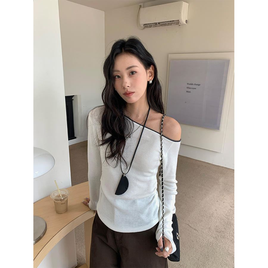 巨好看针织打底衫女内搭早秋韩系穿搭别致斜肩上衣