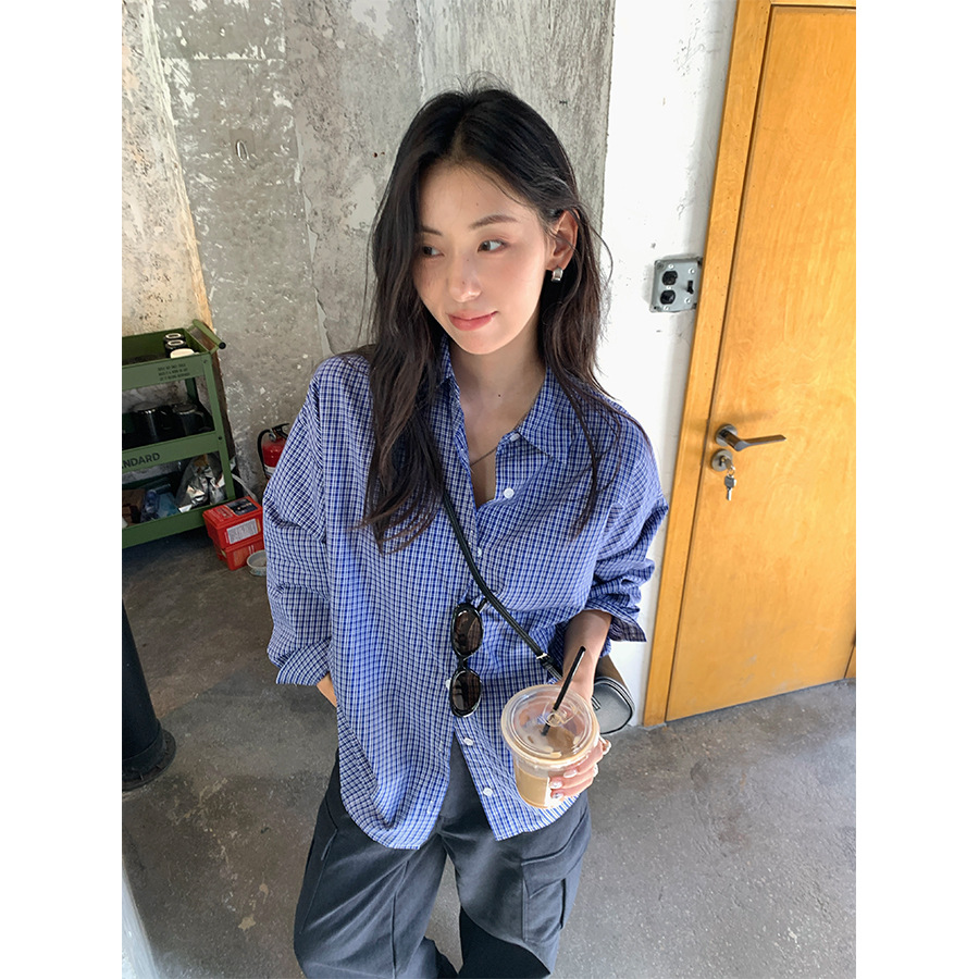 韩系蓝色格子长袖衬衫女秋季宽松衬衣后背开叉设计