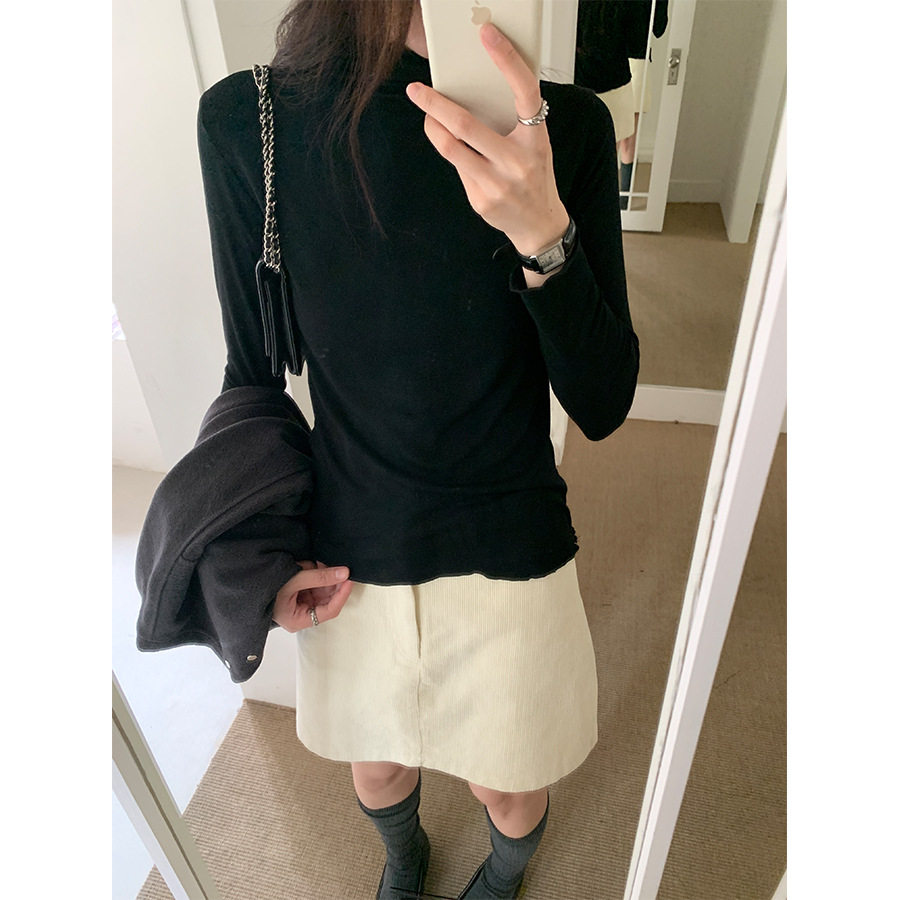 款木耳边半高领纯色打底衫女秋冬修身内搭长袖T恤