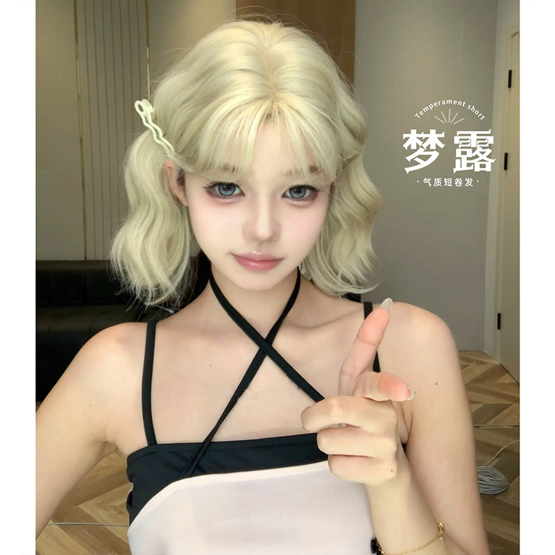 【梦露】束朵假发女日常网红短卷发包金色齐新款时尚齐刘海全头套