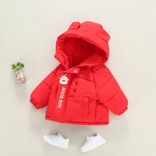 宝宝冬装连帽加厚棉服卡通保暖外套男女小童圣诞拜年服红色棉袄潮