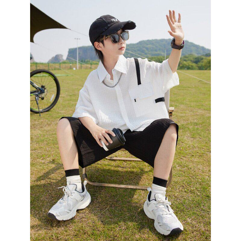 男童时髦帅气休闲套装夏装薄款短袖衬衫短裤潮青少年洋气男孩夏季