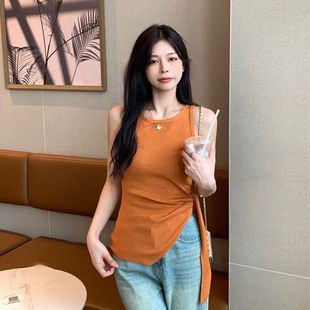 不規(guī)則2025穿穿針織女外橘色綁帶設計收腰搭吊帶背心夏季 上衣新款