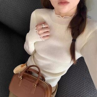 高领新款 针织内秋冬 半木耳边潮高级感打底衫 女上衣毛衣搭2024长袖
