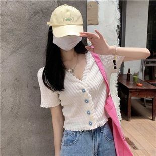 甜美木耳边潮短袖 领小开衫 短款 针织夏季 V薄款 辣妹上衣2022针织衫