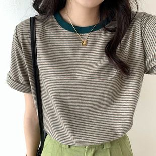 条纹T恤短袖 圆领宽松ins小心机洋气简约学生上衣 女夏装 2024新款