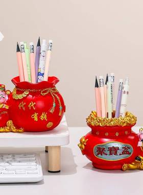 国潮财神爷办公室桌面装饰品财神抽签筒创意笔筒收纳摆件新年礼物