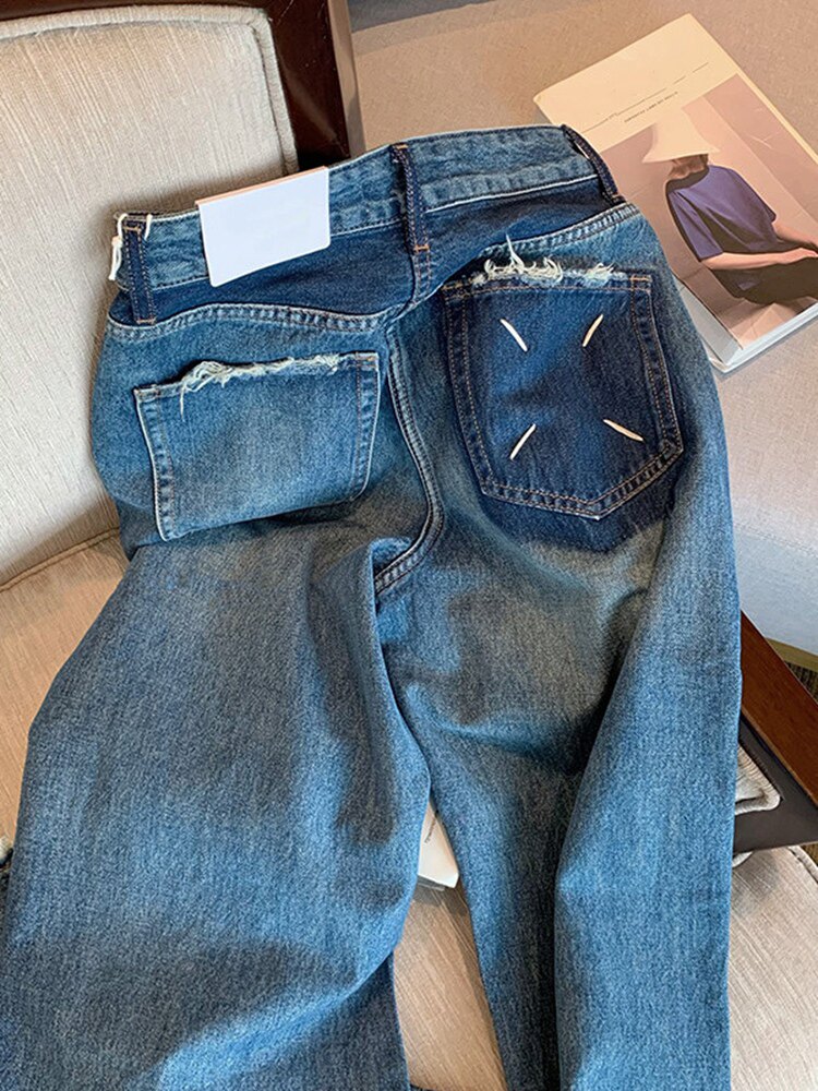 AMERICAN VINTAGE HIGH STREET RAW EDGE DISTRESSED JEANS FOR MEN AND WOMEN SPRING SUMMER VIBE STYLE STRAIGHT HIGH WAIST CASUAL LONG PANTS TIDE