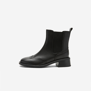 切尔西短靴布洛克雕花粗跟英伦风黑色靴子女鞋 玖熙冬季 West Nine