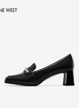 【断码清仓】Nine West/玖熙复古学院风珍珠钻链皮鞋清仓方头单鞋