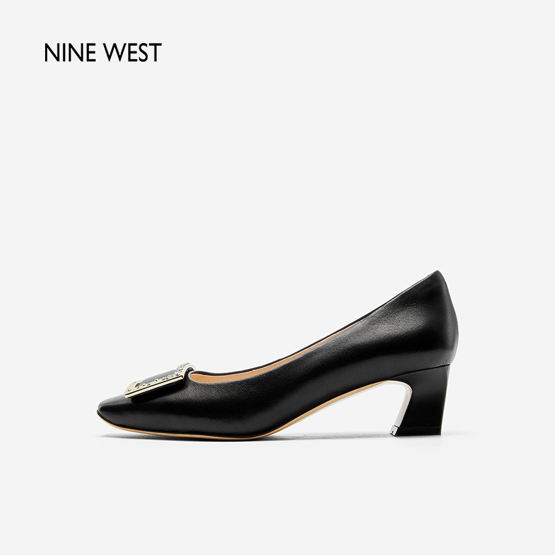 Nine West/玖熙方糖高跟鞋2024年春季新款经典浅口方头粗跟单鞋女