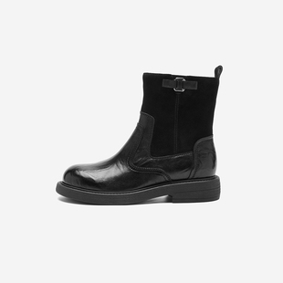 黑色时装 玖熙冬季 靴女方跟皮带扣复古羊皮拼接加绒短靴 west Nine