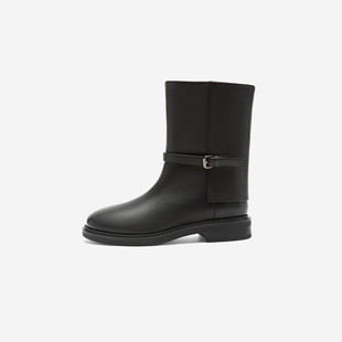 West 靴圆头黑色优雅粗跟短靴百搭女鞋 玖熙冬季 加绒时装 新款 Nine