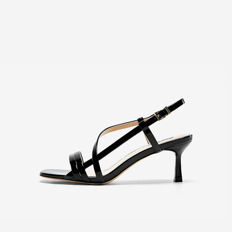 【断码清仓】Nine West/玖熙凉鞋女高跟漆皮双一字带复古方头气质
