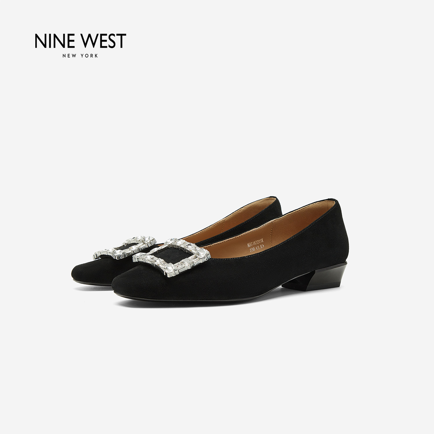 Nine West/玖熙2026年秋法式绒面方钻低跟浅口单鞋女方头粗跟女鞋