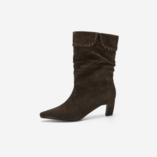 Nine 玖熙短靴羊反绒皮缝靴筒女冬高跟方头瘦瘦靴不累脚通勤 West