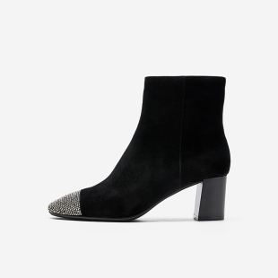 West 时装 玖熙女鞋 清仓款 靴绒面细钻圆头优雅气质短靴女 冬季 Nine