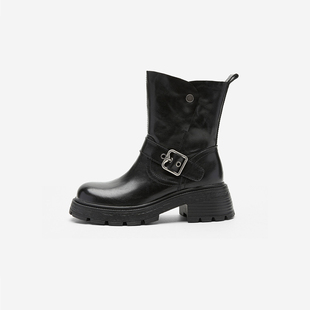 玖熙冬黑色短筒圆头增高马丁靴复古银扣骑士靴百搭女鞋 Nine West