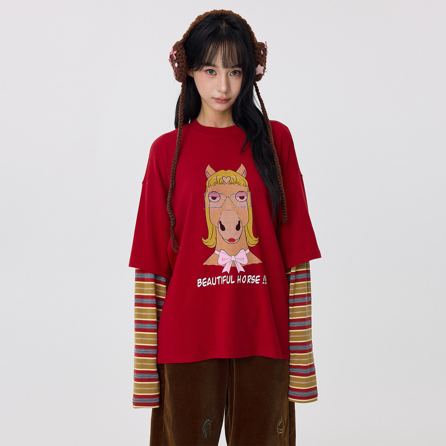 OoofYang 红色假两件马小姐T恤女春季棉质宽松显瘦长袖打底上衣,女装/女士精品,T恤,淘宝优惠券,粉丝福利购,淘宝优惠卷