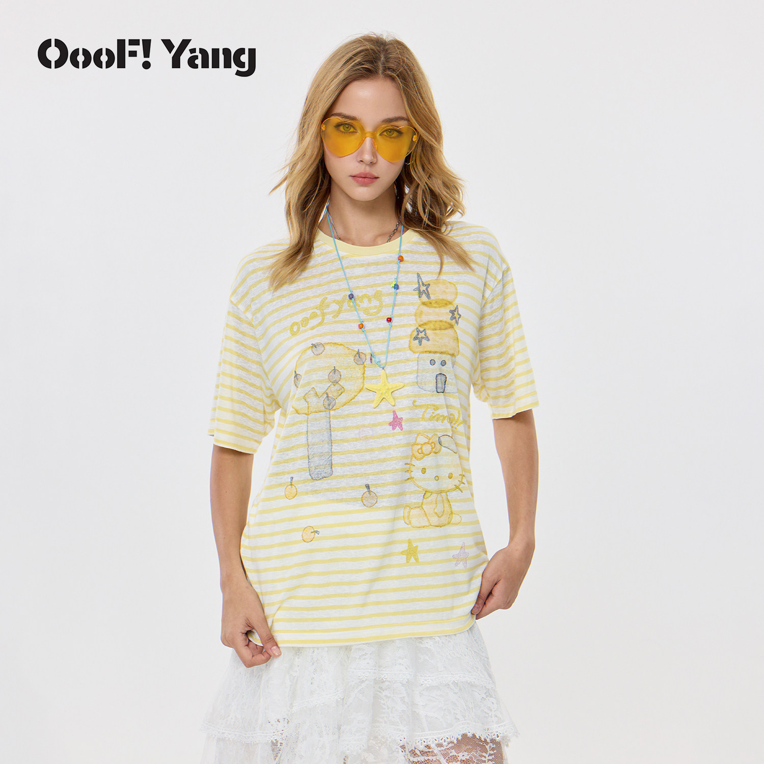 OooF Yang海星项链KT短袖T恤圆领韩系印花条纹上衣女2026夏季新款