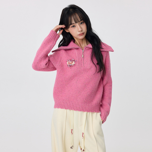 OoofYang 显瘦百搭大翻领内搭针织毛线衣 粉色拉链毛衣女冬季