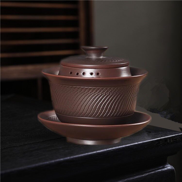 林永南大师紫陶茶具三才盖碗手工跳刀家用泡茶器单个防烫高端茶碗