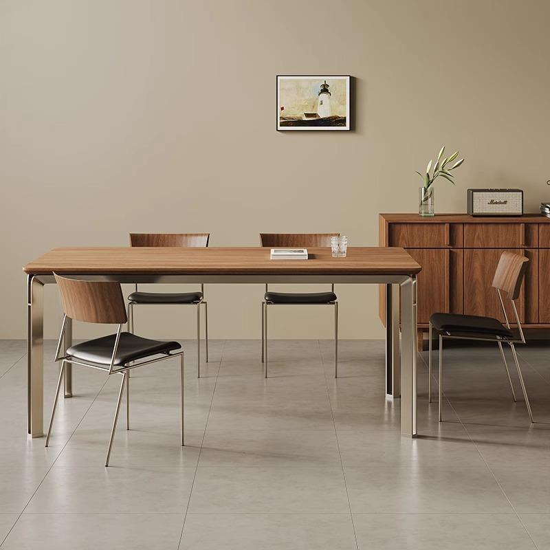 意式极简不锈钢实木餐桌现代简约设计师款书桌饭桌两用案台