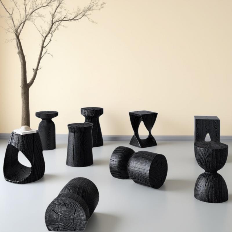 碳化黑圆形异形矮凳子根木墩置物架诧寂风原木树墩边几名宿设计