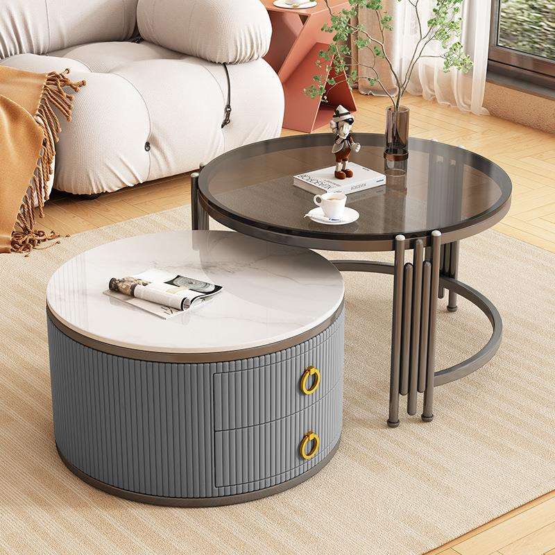 现代玻璃岩板茶几大小组合客厅家用轻奢简约小户型可伸缩高低圆形