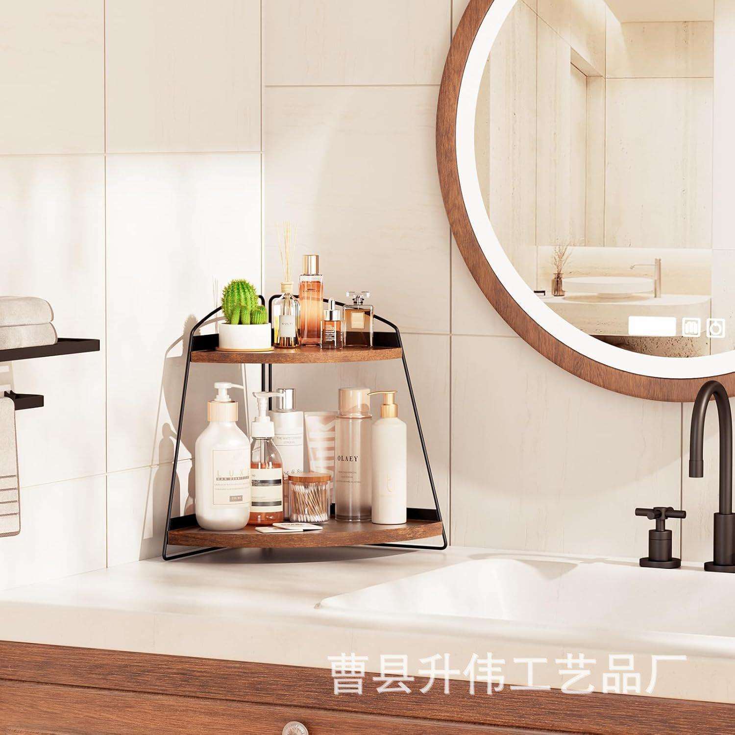 木制储物架台面角架双层梳妆台整理架子扇形柜台收纳器实木置物架