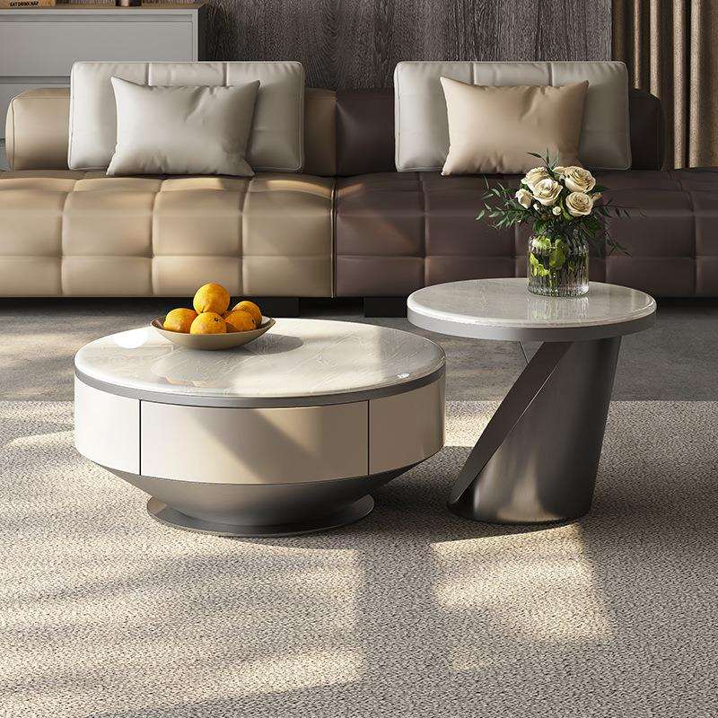 大理石茶几天然卡里冰玉意式极简客厅家用设计师高端圆形茶几组合