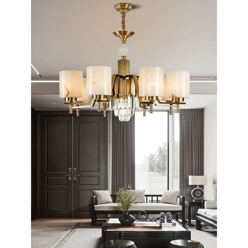 新中式全铜吊灯西班牙天然云石高端餐厅卧室主灯轻奢客厅水晶灯