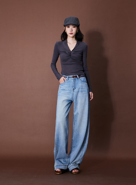 ATUMU「直筒裤系列」早秋上新 高腰女个性宽松拼接牛仔裤AT384