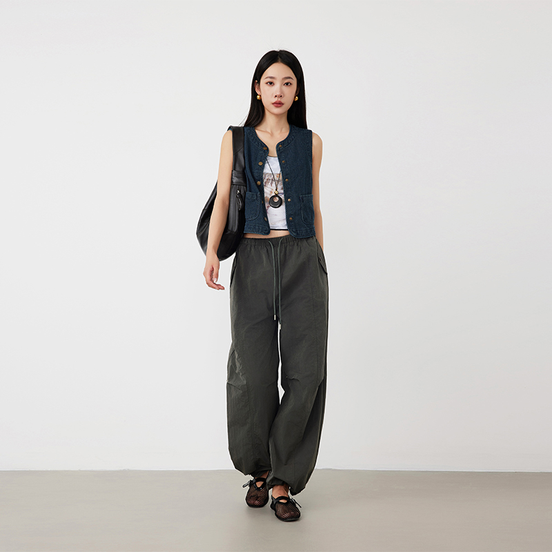 ATUMU松紧腰薄款复古休闲工装裤