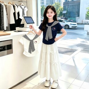 2026年夏季新款女童短袖t恤学院风套装儿童女孩洋气连衣裙两件套